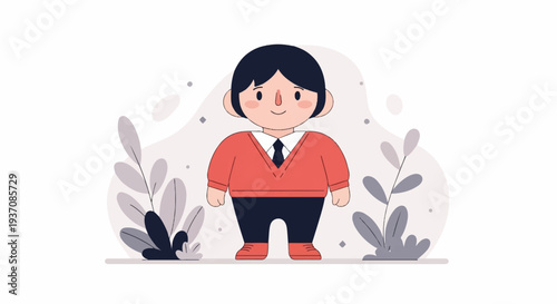 A cartoon character with dark hair and a coral sweater over a shirt and tie stands amidst soft grey leaves