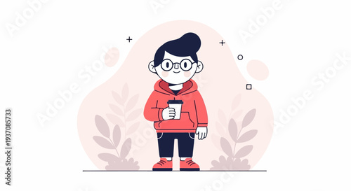 Cartoon character with glasses and hoodie holds a coffee cup