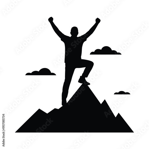 Silhouette of a person celebrating victory on a mountain peak