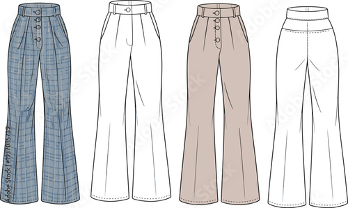 Four pairs of wide leg pants with different colors and patterns including blue plaid and beige solid colors