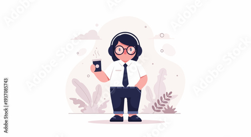 A person with headphones holds a cup of steaming coffee