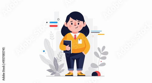 A cartoon person in a yellow sweater and dark pants holds a book and stands among plants