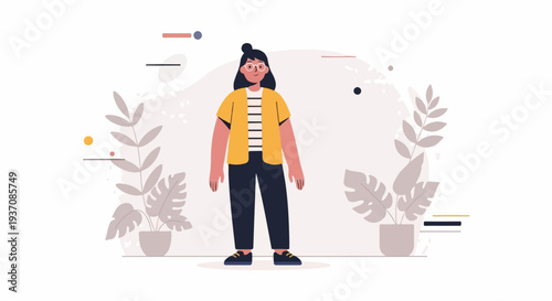 Person standing with plants, abstract shapes, and minimalist design elements