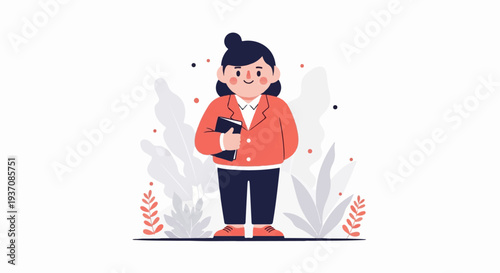 Cartoon woman in coral jacket and navy pants holds a book amidst stylized plants and dots