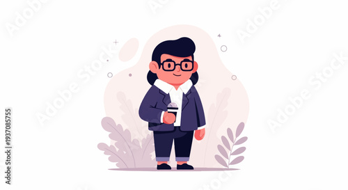 Cartoon character in a suit with glasses, holding a beverage, surrounded by abstract shapes and leaves