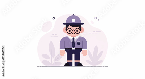 A stylized cartoon person wears a cap, glasses, shirt, tie, and dark pants