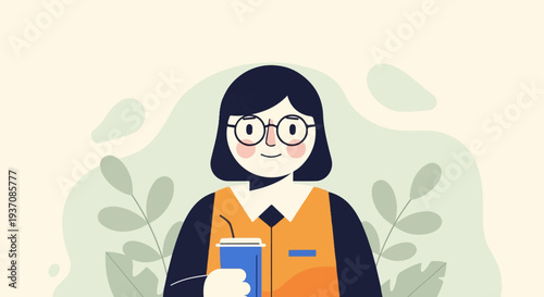 Cheerful person with glasses holding a drink, surrounded by abstract foliage