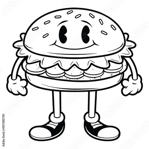 Cartoon burger character with smiling face stands cheerfully in black and white style