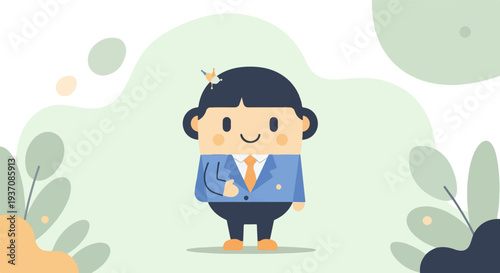 A cute cartoon businessman in a blue suit with an orange tie smiles