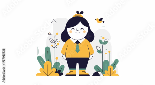 Cheerful cartoon child in yellow outfit stands amidst whimsical plants and a small bird