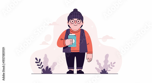 A person in a beanie and glasses holding a cup, surrounded by abstract shapes and plants