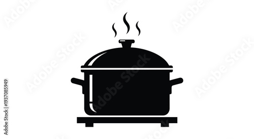 A black silhouette of a cooking pot with a lid and rising steam on a white background