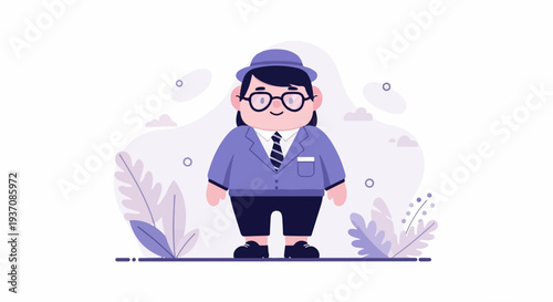 A charming cartoon figure in a purple suit, tie, and hat, stands amidst abstract shapes and foliage