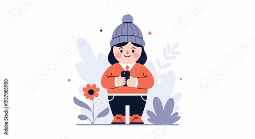 Cheerful child in beanie and sweater holding smartphone amid abstract foliage and flower