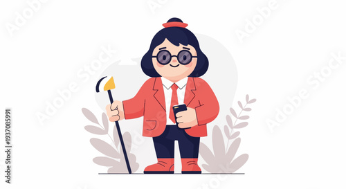 Cheerful figure in red jacket, glasses, holding cane and phone