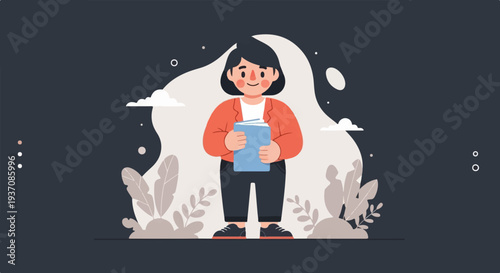 A person in a red jacket stands holding a book, surrounded by abstract shapes and plants