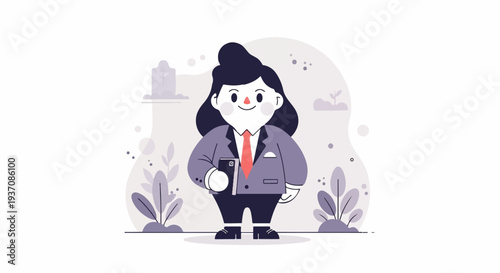 Stylized cartoon businesswoman with black hair, red tie, suit, and holding a book