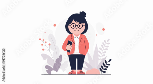 A smiling person in a coral jacket and dark pants holds a phone, surrounded by stylized plants