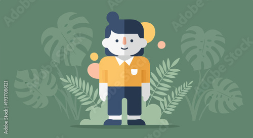 Flat cartoon person stands among lush green tropical leaves and abstract circles