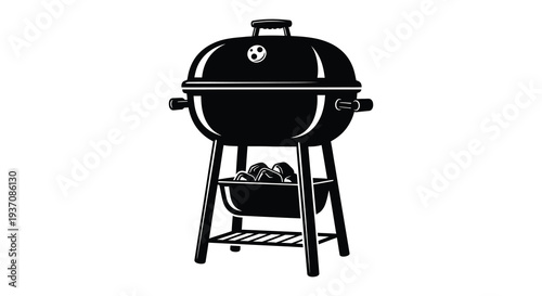 A black and white illustration of a classic kettle style charcoal barbecue grill high quality professional detailed