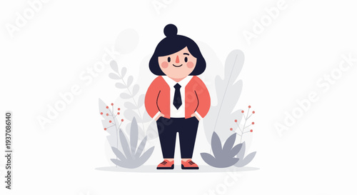 A cute cartoon character in business attire stands amidst stylized foliage