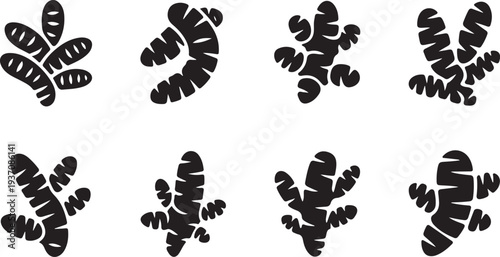 Eight abstract black shapes resembling stylized flowers or leaves on white background