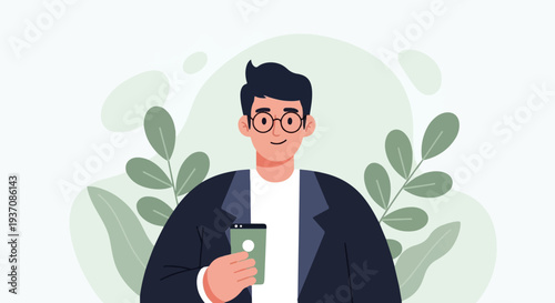 A man in a dark blazer and white shirt holds a phone, surrounded by abstract green leaves