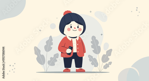 A cute cartoon character in a red jacket and blue hat holds a phone, surrounded by abstract shapes and leaves