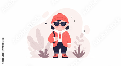 Stylish character in coral outfit with sunglasses and bag
