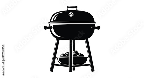 A black and white illustration of a classic rounded barbecue grill with open lid high quality