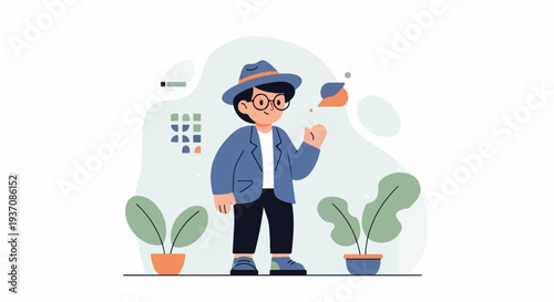 Stylized character in hat and jacket, gesturing, surrounded by plants