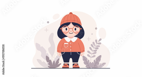 A cheerful cartoon child wearing a hat and glasses stands amidst whimsical plants