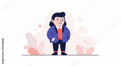 Stylized figure in business attire stands confidently amidst abstract floral elements