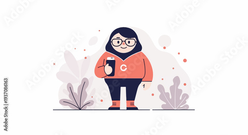 A stylized person with glasses holds a smartphone, surrounded by abstract plants and dots