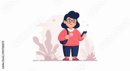 A stylized character in a pink sweater and dark pants holds a phone, with abstract foliage