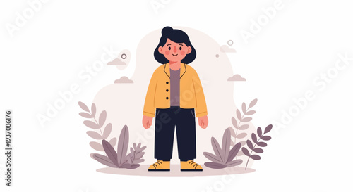 Cheerful person in yellow jacket and dark pants, surrounded by plants and clouds