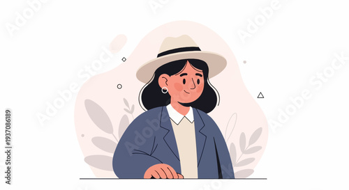 A stylized cartoon portrait of a woman wearing a hat and jacket, with abstract shapes and leaves