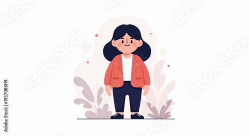 Friendly young person in casual attire with dark hair and a coral jacket