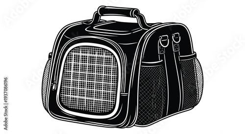 A black and white line drawing of a pet carrier bag with mesh windows and handles