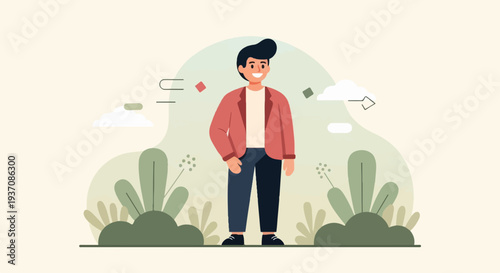 Cheerful young man in casual attire stands amidst stylized foliage under a pale sky