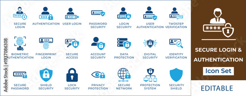 Secure login and authentication icon set featuring password security, biometric access, two-step verification, fingerprint login, data protection, and digital identity symbols.