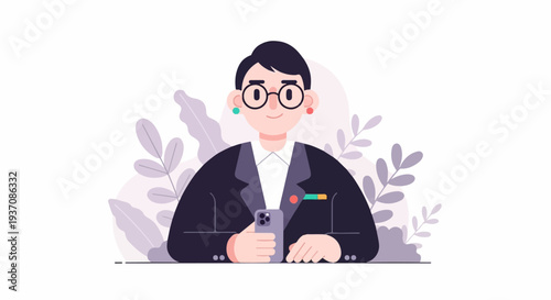 A modern person in a suit holds a phone, surrounded by abstract foliage