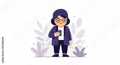 Modern person with phone amidst stylized foliage