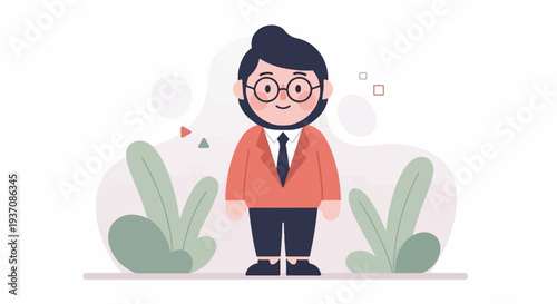 Flat illustration of a smiling man in a suit with glasses, standing amidst abstract shapes and foliage