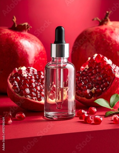 Wallpaper Mural A Bottle Of Essential Oil On pomegranate seed Background  Torontodigital.ca