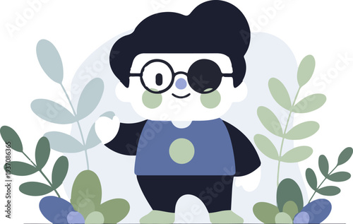 A cute cartoon character with glasses and an eye patch, surrounded by simple plant illustrations
