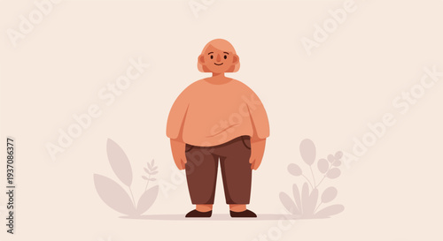 A stylized, plump figure with short hair and a simple outfit stands against a soft, light-colored background with decorative plants