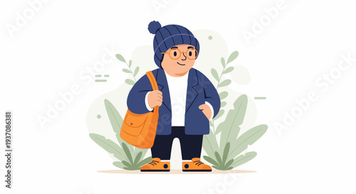 A cheerful cartoon person wearing a blue beanie, glasses, and a blue jacket with an orange bag
