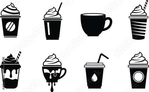 Black silhouette collection of coffee cups, milkshakes with whipped cream, frappe drinks, and latte icons isolated on white background cad drawing flat vector illustration