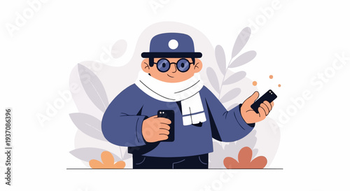 A smiling person in a hat and scarf holds two phones, surrounded by stylized foliage